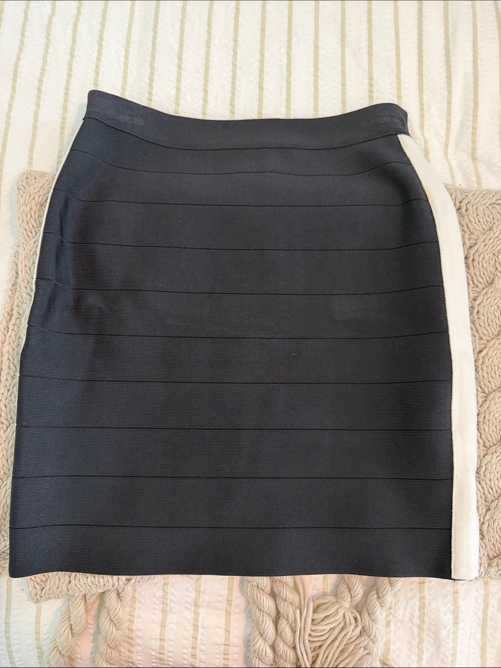 Black Bandage Pencil Skirt with Cream Side Stripe